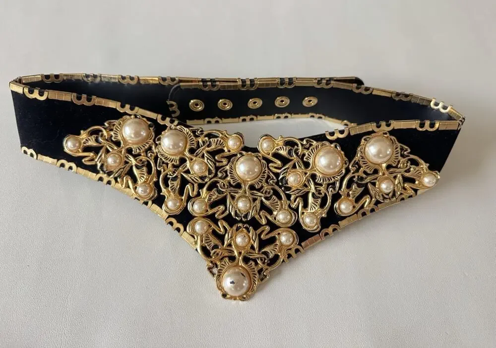 Vintage Baroque Faux Pearl Corset Belt Gold Filigree Black Velvet Maximalist